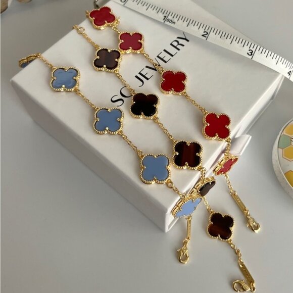 Last 1 ! Clover Bracelet Double Sided Red Onyx Stone Luxury Jewelry - Picture 7 of 10